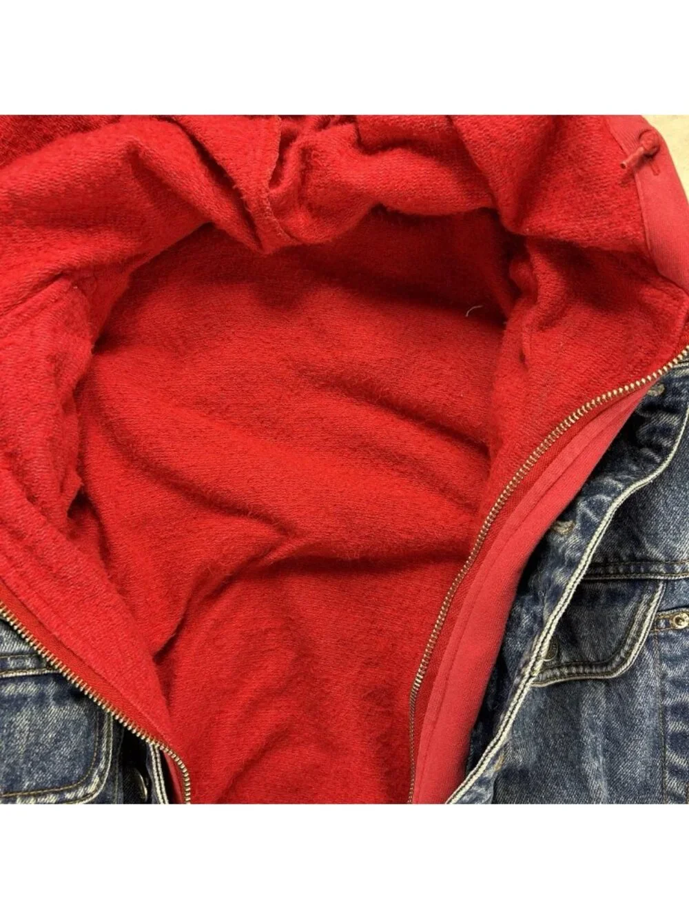 GAP Denim Jean Jacket Vintage 90s Red Hoodie Trucker Western Blue “Read”